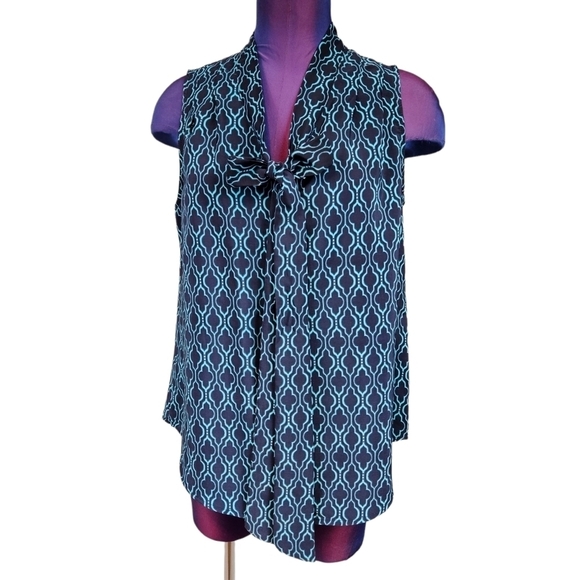 41 Hawthorn Astrid Tie Neck Navy Teal Moroccan‎ Print Sleeveless Top Small - Picture 1 of 8